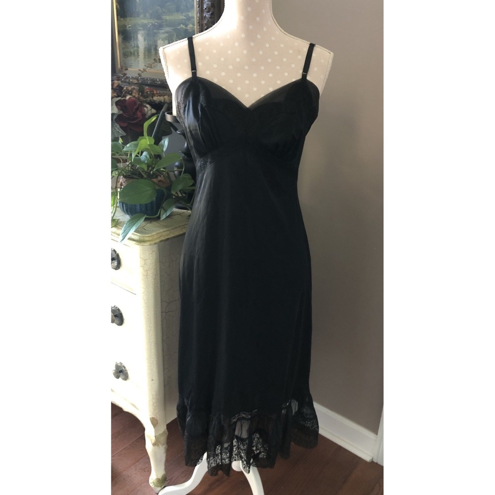 Vintage Rogers Slip Dress Lace Pleated Ruffle Lingerie Black Super Cute Women 36